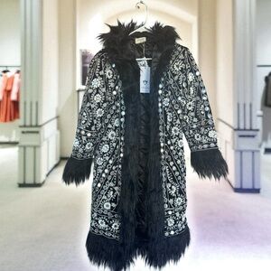 Embroidered Black & White Faux-Fur Trim Coat - Women